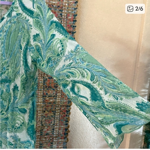 Coldwater Creek Semi-sheer Green Paisley V Neck Buttondown Blouse PXL - Picture 2 of 4